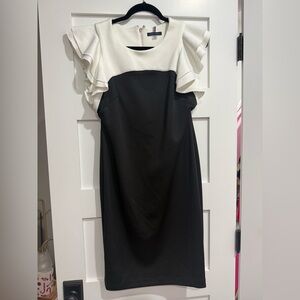 Tommy Hilfiger Black and White Midi Dress with Ruffle Sleeves